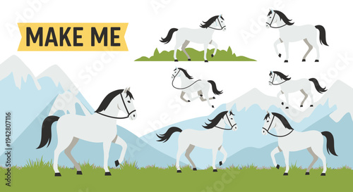 Illustration of a white horse performing various movements and poses in a mountainous grassy landscape.