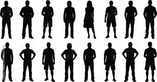 Men and women silhouettes standing in casual poses, diverse human figures collection representing lifestyle, fitness, everyday people concept isolated on white background