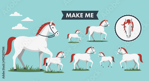 Set of white horses in various poses with red manes and tails on a grassy field under blue sky.