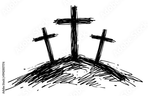 Three crosses on Calvary hill representing the crucifixion of Jesus in rough ink sketch style