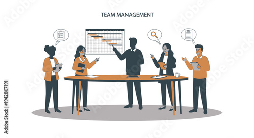 Team management meeting with diverse business professionals discussing ideas and strategies.