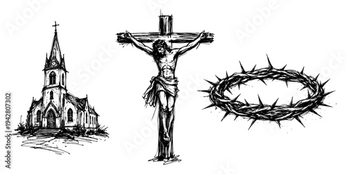 Religious symbols set with church crucifix and crown of thorns black and white sketch