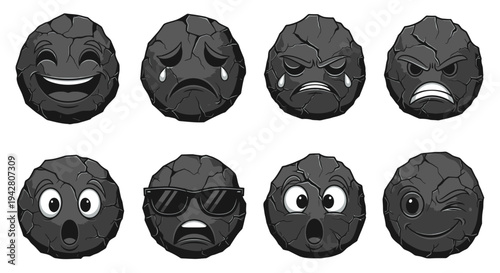 Set of eight expressive black emoji faces showing various emotions and moods.