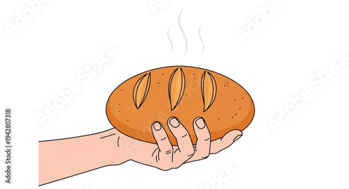 Hand Holding Freshly Baked Bread Loaf.