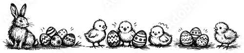 Easter bunny and cute little chicks with decorated holiday eggs in hand drawn sketch style