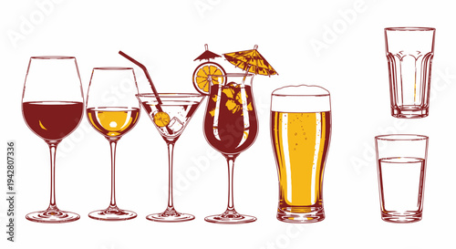Variety of alcoholic and non-alcoholic drinks in different glasses.