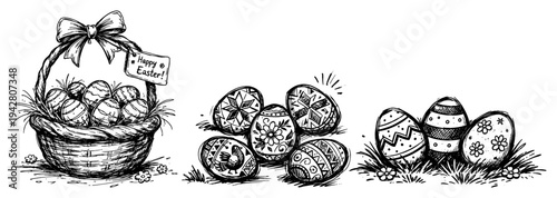 Easter basket and decorated holiday eggs in hand drawn detailed sketch style