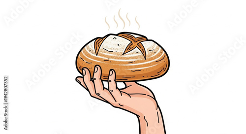 Hand Holding Freshly Baked Bread Loaf.