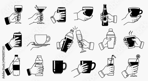 Collection of black and white hand gestures holding various drink containers and toasting.
