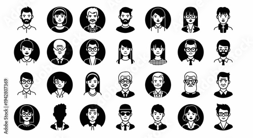 Set of diverse black and white avatar icons representing various male and female faces.