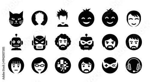 Collection of various black and white avatar icons representing different facial expressions and characters.
