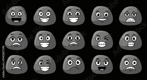 Set of sixteen gray emoticon faces showing various emotions and expressions on black background.