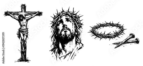 Jesus Christ crucifixion and crown of thorns with holy nails in hand drawn ink sketch style