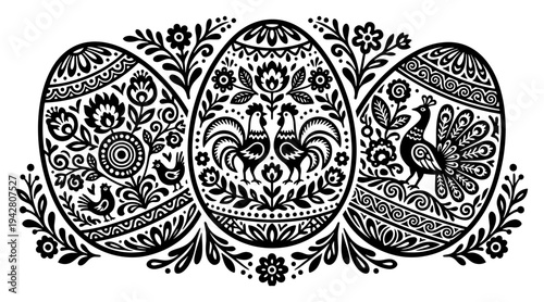 Easter eggs decorated with folk art patterns featuring roosters and flowers in ornamental style