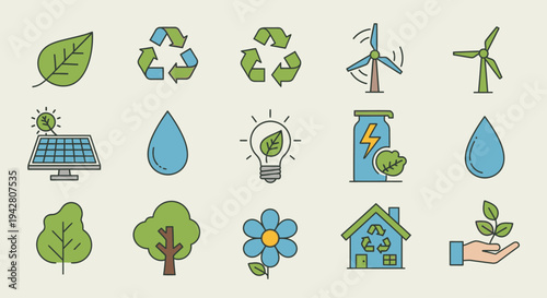 Set of colorful eco-friendly and renewable energy icons representing sustainability and environmental conservation.