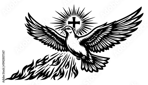 Holy Spirit dove with flames and cross symbol in black and white engraving style