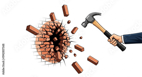 Hand Holding Hammer Breaking Bricks.