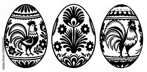 Easter eggs with traditional folk art patterns and roosters in black and white line art style