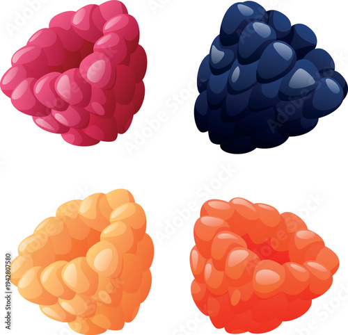 Set of raspberry isolated. Red yellow blue raspberry, blackberry with green leaf. Colorful Fresh tasty berries. Fruits icon. Sweet healthy vitamin.