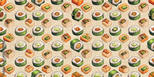 Colorful array of artistic sushi rolls arranged in a visually appealing pattern Vector