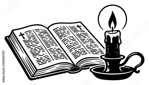 Open Bible next to a lit candle in black and white line art style