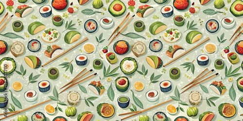 Colorful array of asian-inspired dishes and utensils in a vibrant pattern design Vector