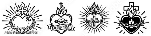 Sacred Heart of Jesus religious icons set in bold vector line art style