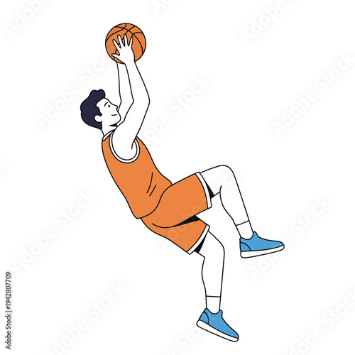 Minimal flat vector illustration of basketball player jumping to catch rebound ball, basketball sport action and athletic performance concept.