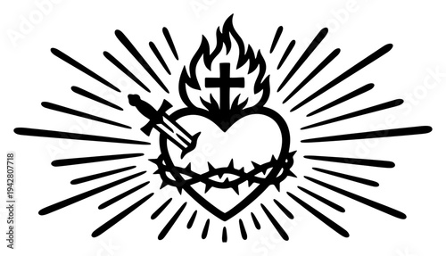 Sacred Heart of Jesus with cross thorns and light rays in bold line art style