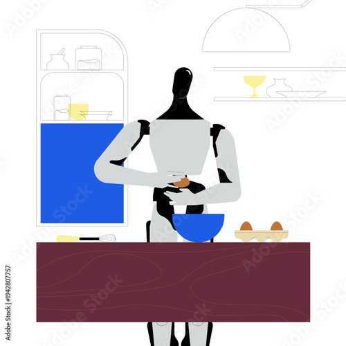 Futuristic humanoid robot cooking fried eggs in a modern kitchen. Concept of artificial intelligence in everyday life, smart home technology, domestic robotics, and automated household tasks.