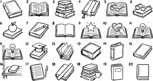Collection of twenty individual black and white vector illustrations depicting various books opened closed stacked and featuring educational symbols like an apple graduation cap and bright ideas