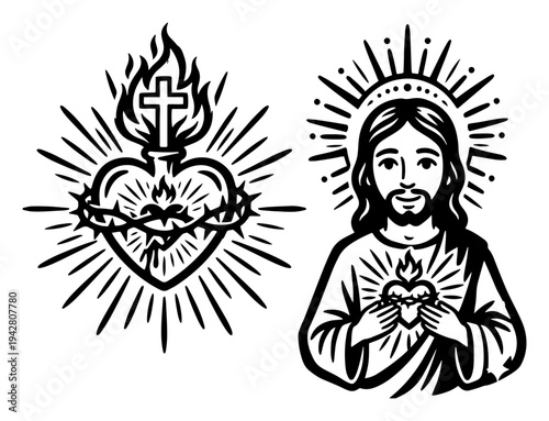 Jesus Christ portrait and Sacred Heart icon in bold vector line art style