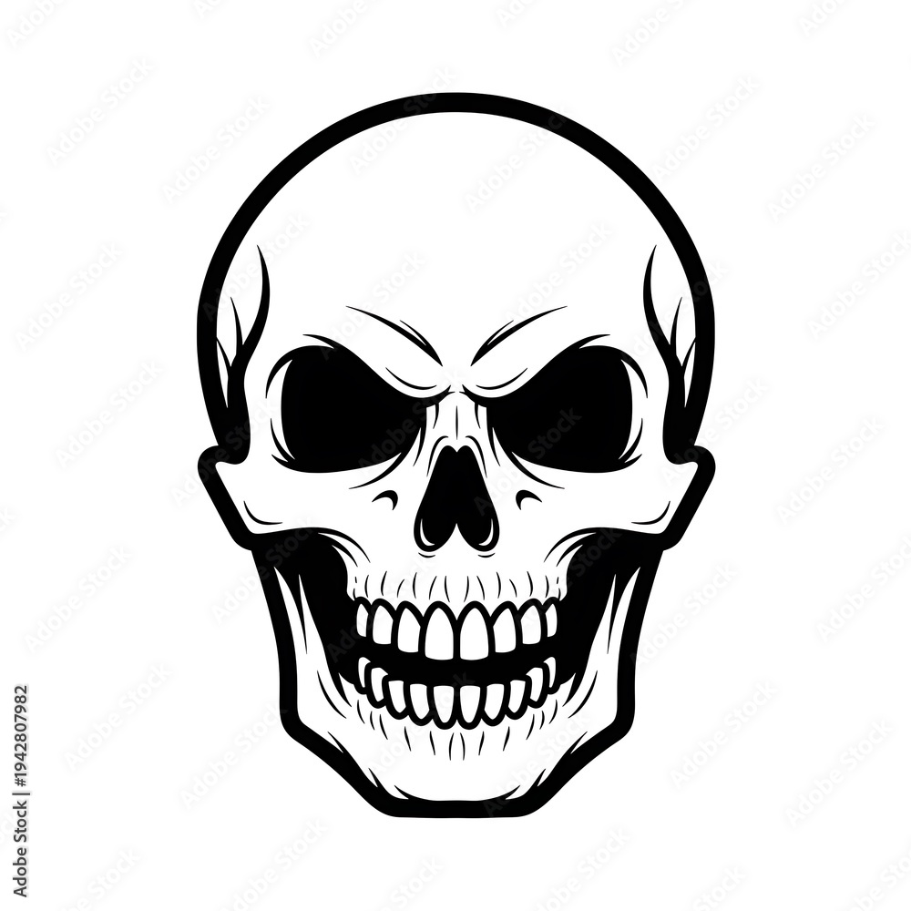 Obraz premium Black and White Skull Illustration with Menacing Expression.
