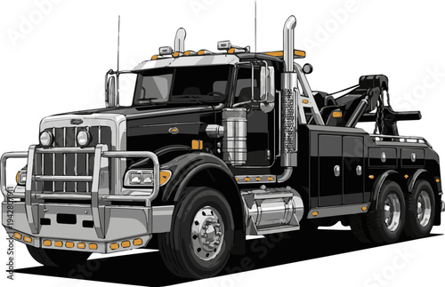 Create a realistic Black tow truck PNG isolated on transparent background, heavy duty wrecker vehicle for roadside assistance and recovery services vector art with white background.