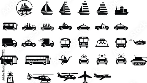 Black silhouette icons collection featuring diverse transportation modes including cars, buses, trucks, ships, airplanes, helicopters, emergency vehicles, 