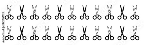 Scissors vector icons set, showcasing multiple scissor silhouettes and symbols for hairdressing, crafting, office, and creative design projects in vector format.