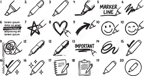 Collection of black and white hand drawn vector graphic icons illustrating various uses and actions of a felt tip marker pen for highlighting and note taking