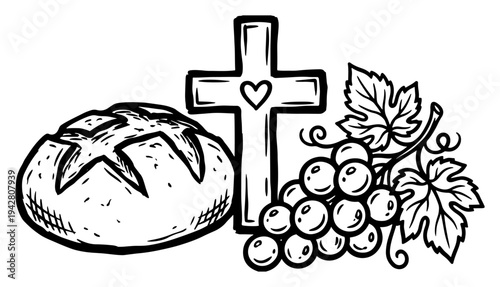 Bread loaf cross with heart and grapes religious illustration black and white vector