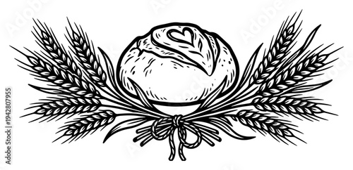 Loaf of bread surrounded by wheat ears black and white line art style