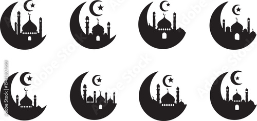 Ramadan Kareem Islamic Symbols and Mosque Silhouettes Vector Icons
