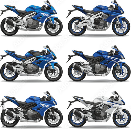 Create a realistic kinds of deferent Blue and silver motorcycle modern motorbike for transportation and design use vector art with white background..