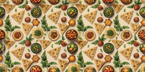 Colorful array of diverse pizzas with assorted toppings and greens in a repeating pattern Vector