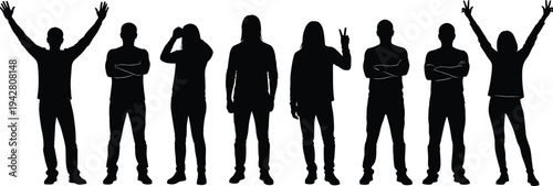 People silhouettes showing different emotions and gestures, casual lifestyle men and women poses collection concept isolated on white background