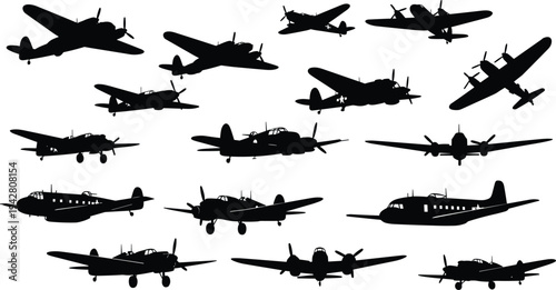 Collection of black silhouettes of World War II military aircraft including bombers, fighters, and reconnaissance planes, ideal for aviation history, educational projects, and design illustrations.