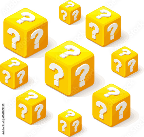 Create a realistic kinds of deferent Yellow 3D Question Mark Block or Mystery Box vector art with white background..