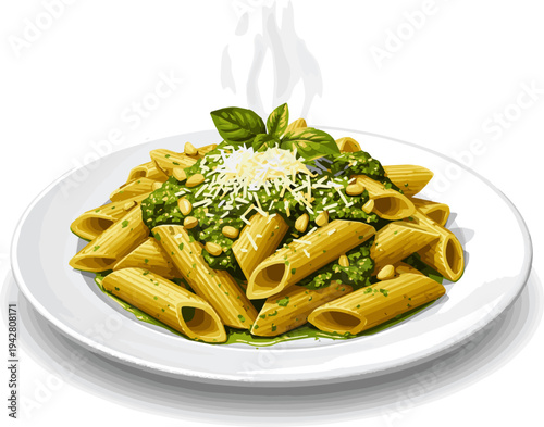 Create a realistic Penne Pasta with Pesto Sauce and Cheese, a Culinary Delight on Display, Ready to Eat vector art with white background..