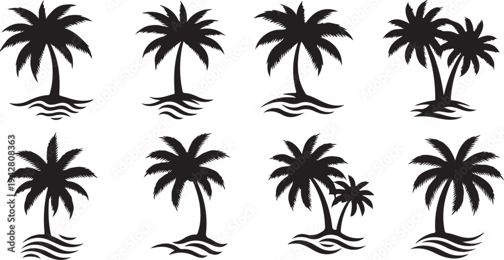 Obraz premium Black Silhouette Palm Trees on White Background Illustration Set