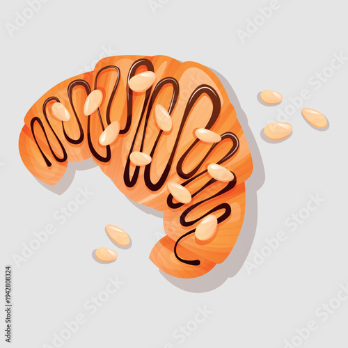 freshly baked, crispy, golden croissant coated in a delicate dark chocolate glaze and garnished with pine nuts. Puff pastry, pastries, sweet breakfast