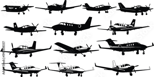 Collection of twelve black silhouettes of small aircraft including propeller planes and jets, showcasing diverse wing, tail, and engine designs for aviation studies and creative projects.
