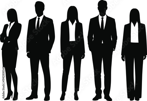 Diverse business professional silhouettes of a corporate team standing in formal suits for leadership, recruitment, human resources management, and successful office teamwork concept